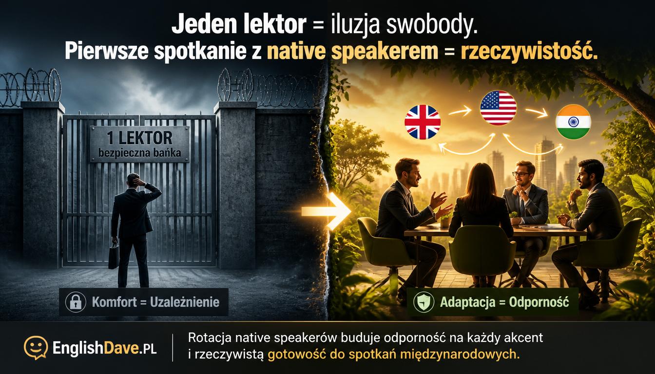 Swoboda, którą pracownik buduje przy jednym stałym lektorze, jest przyzwyczajeniem do jednej osoby.  Mózg zapamiętuje konkretny akcent, tempo mowy, styl zadawania pytań. I gdy na ekranie Teams pojawia się klient z Bangalore, Nowego Jorku albo Manchesteru - uruchamia się ten sam mechanizm lęku, który towarzyszył pierwszej lekcji angielskiego.  Program językowy, który opiera się na jednym lektorze, działa jak fizjoterapia ćwicząca tylko jedną grupę mięśniową. W gabinecie wszystko wygląda świetnie. Na maratonie - cisza.  W artykule wyjaśniam dokładnie, dlaczego tak się dzieje i jaki mechanizm szkolenia buduje odporność komunikacyjną, która działa niezależnie od rozmówcy, akcentu i stresu spotkania.  Czy zdarzyło Ci się, że pracownik po roku kursu zablokował się na pierwszym spotkaniu z nowym klientem zagranicznym w sposób trudny do wyjaśnienia?  Odpowiedź na to pytanie jest w artykule.